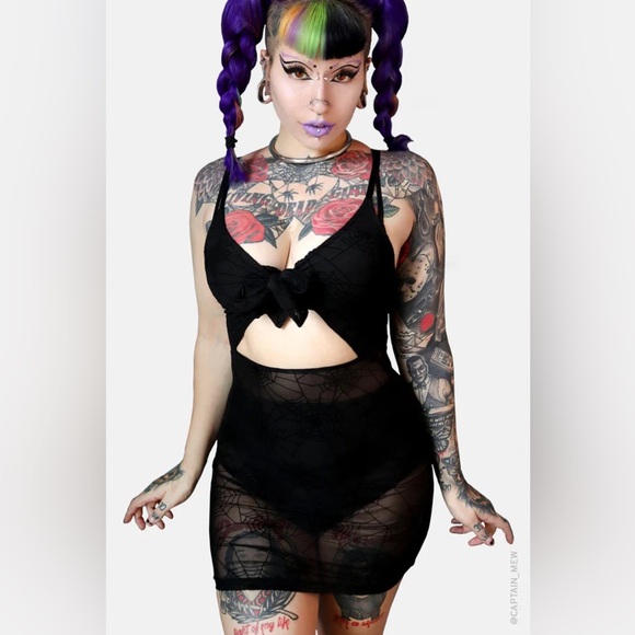 Forest Ink Dresses & Skirts - Forest Ink Clothing Spiderweb Mesh Front Tie Black Sheer Cutout Dress Goth Pinup